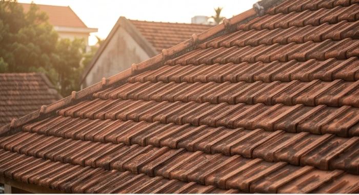 Mái ngói đất nung truyền thống chịu đựng mưa nắng tượng trưng cho nạp âm Ốc Thượng Thổ kiên định