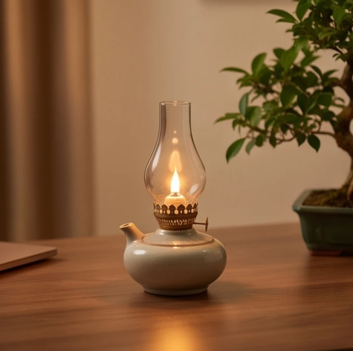 Ngọn lửa đèn dầu phú đăng hỏa cháy ấm áp bên chậu cây xanh trên bàn gỗ trang nhã