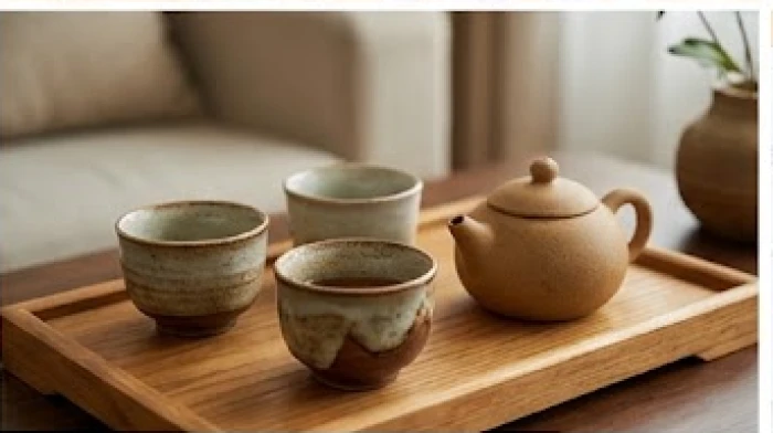 Bộ ấm trà gốm sứ màu đất nâu đặt trên bàn gỗ tượng trưng cho năng lượng Thổ dưỡng Kim