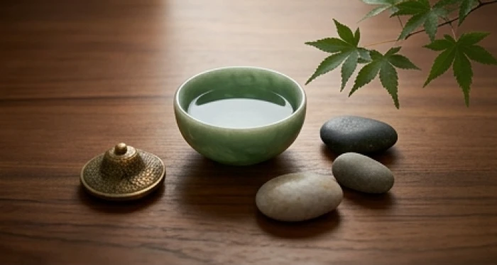 Bố cục nghệ thuật kết hợp các chất liệu gỗ kim loại nước đá và gốm tượng trưng cho ngũ hành bản mệnh tương sinh