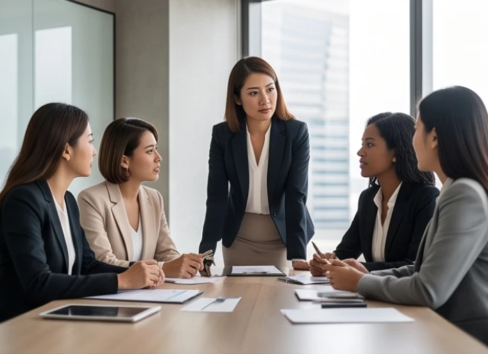 Nhóm phụ nữ văn phòng với phong thái tự tin đang thảo luận sôi nổi về chiến lược kinh doanh mới