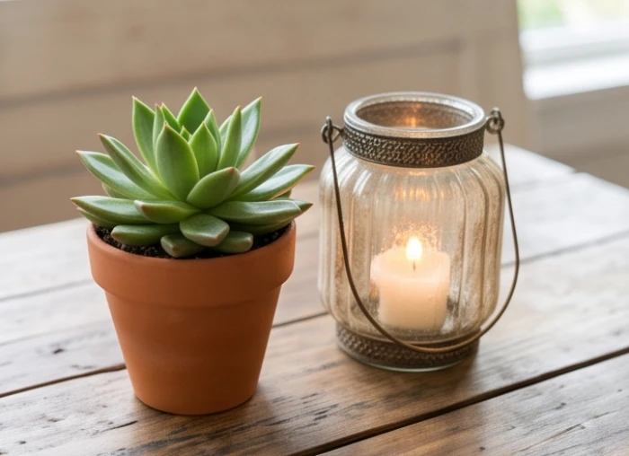 Tiểu cảnh cây xanh đặt cạnh bếp lửa hoặc đèn ánh sáng ấm đại diện cho sự tương sinh ngũ hành của mệnh Hỏa