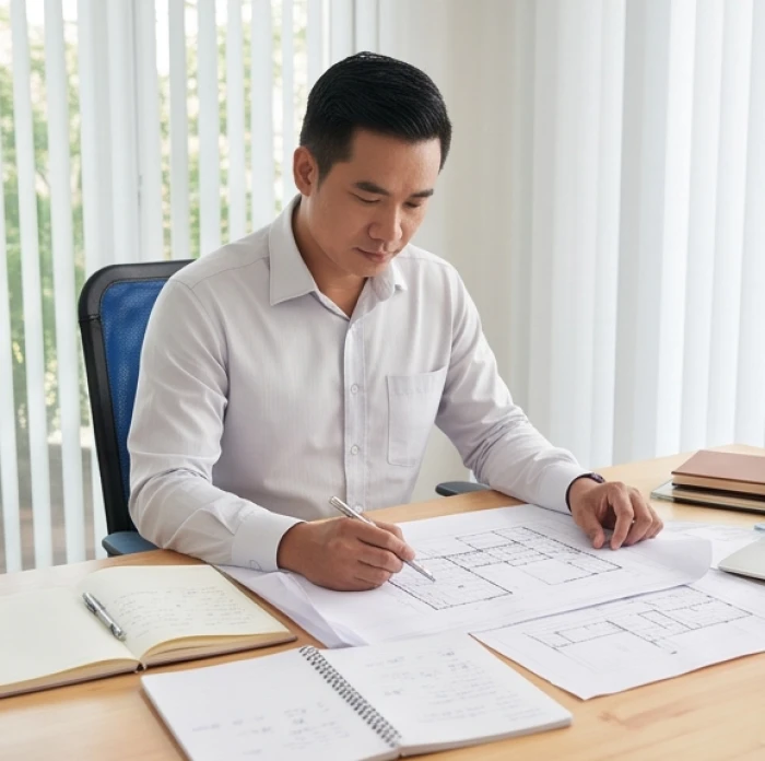 Doanh nhân tuổi Tuất rà soát cẩn trọng hồ sơ công việc và kế hoạch tài chính trên bàn làm việc gọn gàng sáng sủa