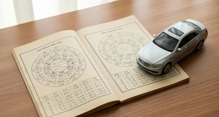 Sổ tay tra cứu phong thủy và mô hình ô tô thu nhỏ đặt cạnh bảng ngũ hành tương sinh hợp tuổi thìn