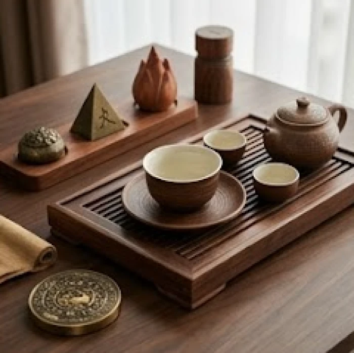 Mô hình biểu tượng ngũ hành Hỏa cục kết nối ba chi Dần Ngọ và Tuất trên bàn trà truyền thống