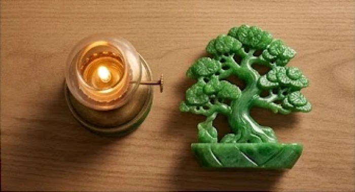 Khối ngọc cẩm thạch xanh lá và chiếc đèn dầu tượng trưng cho mối quan hệ mộc sinh hỏa