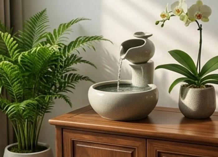 Thác nước phong thủy mini bằng gốm sứ đặt cạnh chậu cây xanh trong nhà tạo luồng năng lượng tương sinh