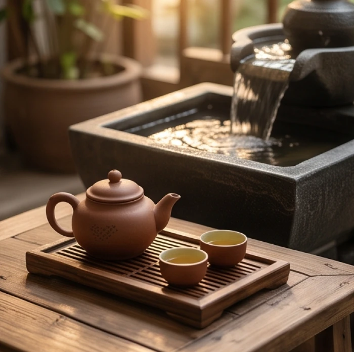 Trà cụ bằng gốm sứ mộc mạc đặt cạnh hồ nước nhỏ tượng trưng cho nạp âm bản mệnh của người sinh năm 1944