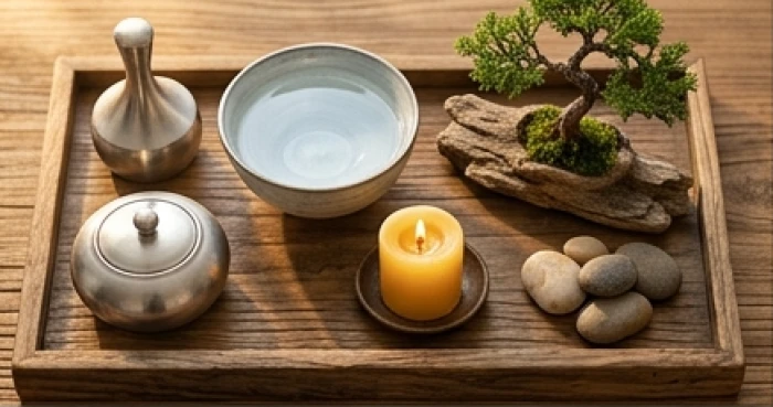 Mô hình biểu tượng năm mệnh ngũ hành nạp âm tương sinh dành cho người tuổi Dần trong không gian trà đạo tĩnh lặng
