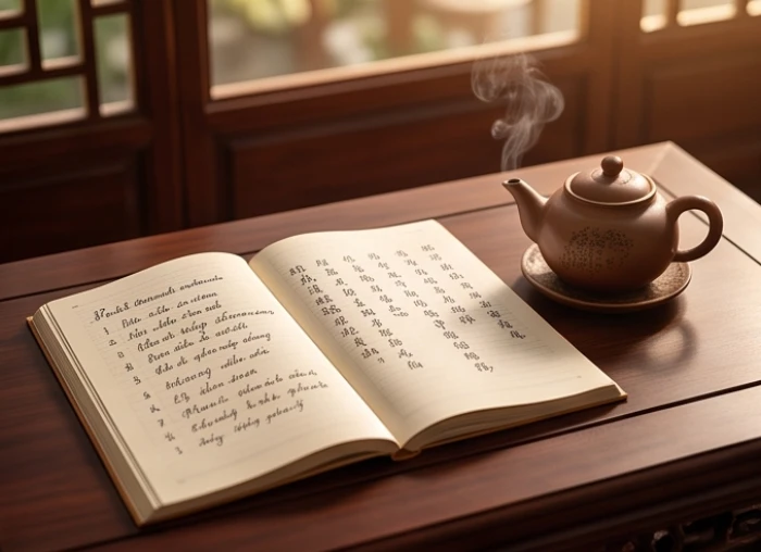 Sổ tay ghi chép ngũ hành nạp âm và bảng đối chiếu các tuổi Sửu cùng trà ấm trên bàn làm việc