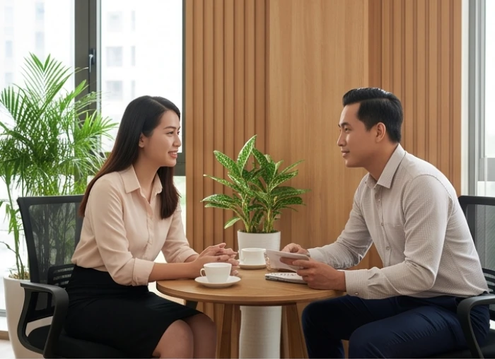 Hai doanh nhân trao đổi hợp đồng kinh doanh trong văn phòng trang nhã thể hiện sự tương sinh ngũ hành