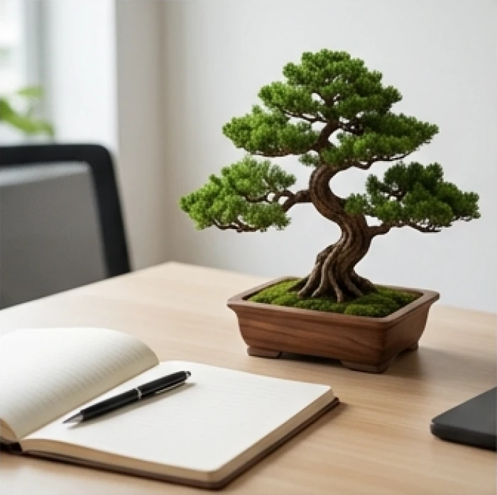 Vật phẩm phong thủy bằng gỗ tùng bách đặt trên bàn làm việc giúp cân bằng năng lượng.