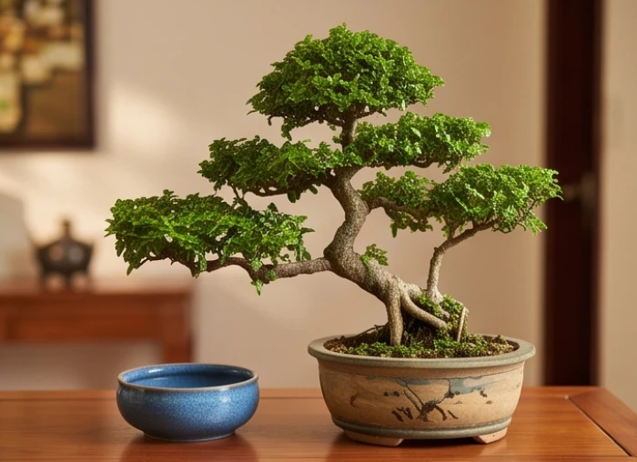 Bố trí cây bonsai cành dâu tươi xanh bên dòng nước chảy nhẹ trên bàn trà gấm tượng trưng cho thủy sinh mộc
