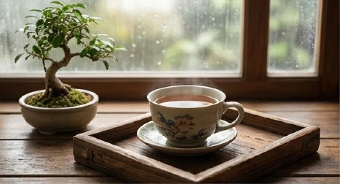 Bàn trà gỗ với chén trà ấm áp tượng trưng cho sự vững chãi của bản mệnh Thành Đầu Thổ trước Thiên Hà Thủy