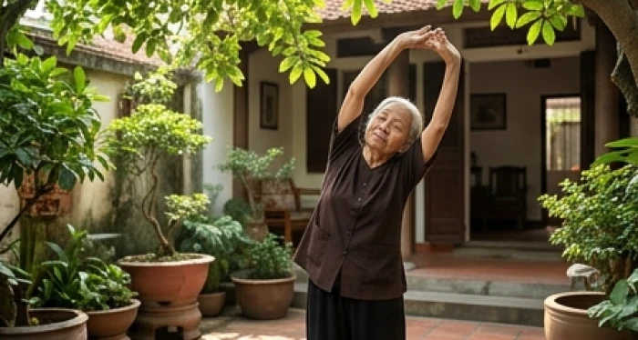 Cụ ông tuổi Canh Thìn 1940 rèn luyện sức khỏe trong sân vườn nhiều cây xanh hợp ngũ hành tương sinh