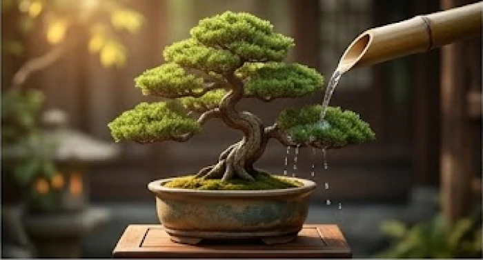 Biểu tượng dòng nước trong vắt nuôi dưỡng cây bonsai khỏe mạnh thể hiện ngũ hành Thủy sinh Mộc