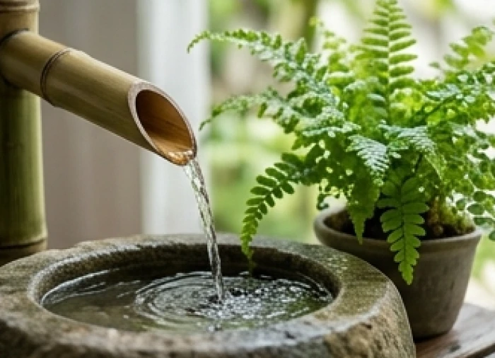 Nguồn nước trong vắt đang nhẹ nhàng tưới mát cho gốc cây xanh tốt bên cạnh hòn non bộ nhỏ