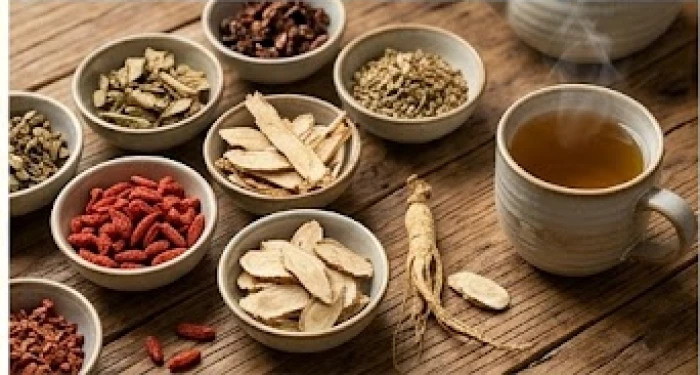 Các vị thuốc thảo dược cổ truyền được sắp xếp gọn gàng trên bàn gỗ để ứng dụng điều trị theo ngũ hành