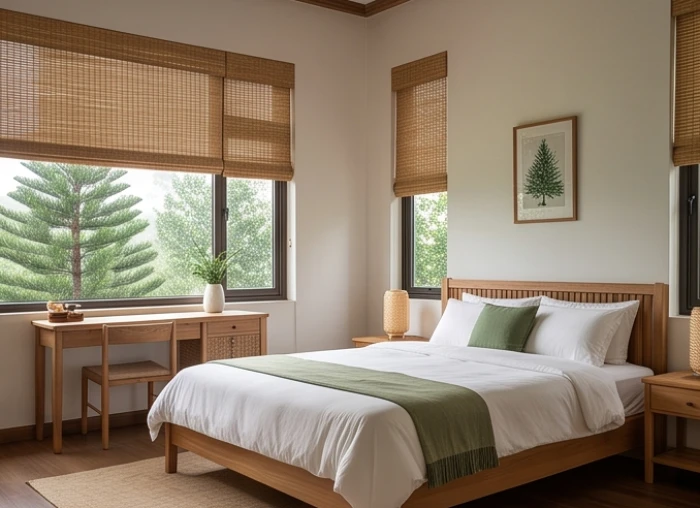 Phòng ngủ tĩnh lặng được bố trí nội thất gỗ tự nhiên hợp bản mệnh Tùng Bách Mộc cho gia chủ tuổi dần