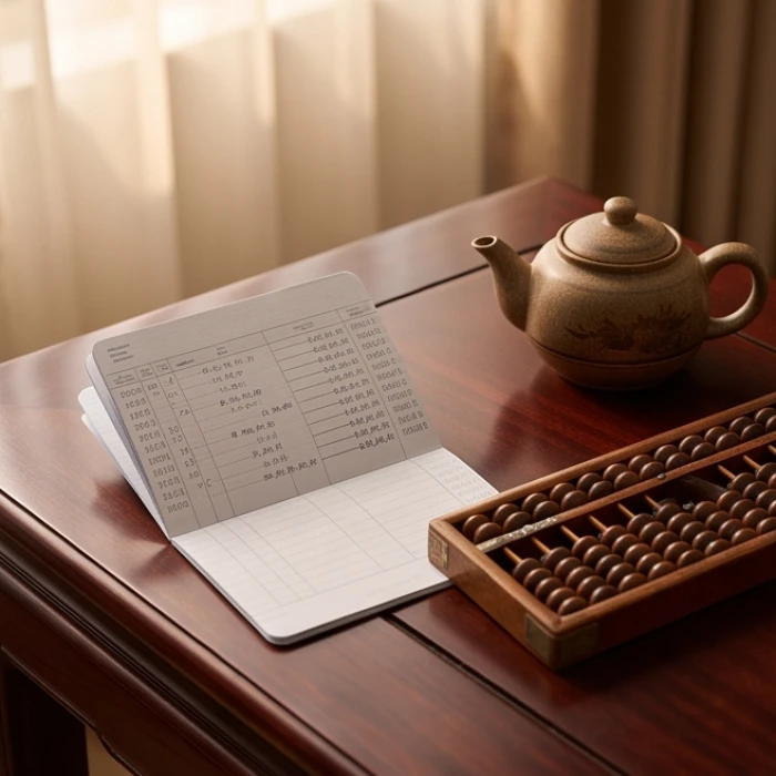 Sổ sách quản lý chi tiêu và bàn trà gỗ truyền thống trong nhà người tuổi Giáp Thìn 1964 năm 2027