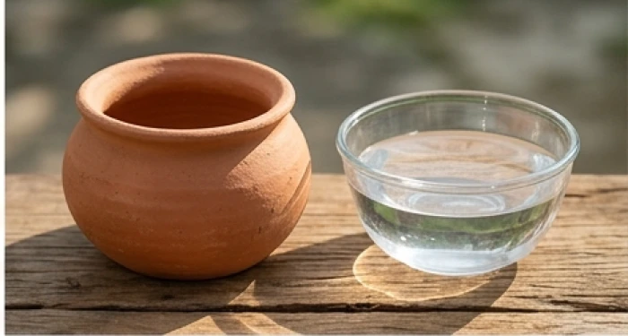 Bố trí các vật phẩm phong thủy đại diện cho Thổ và Thủy trên cùng một mặt bàn gỗ mộc mạc