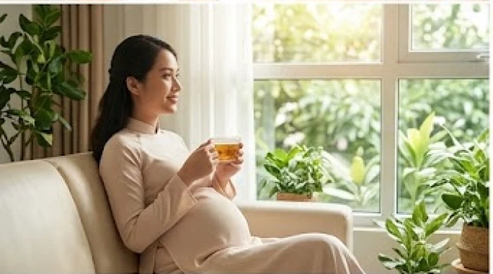 Người mẹ trẻ tuổi mão mang thai thư thái ngồi thưởng trà thảo mộc trong phòng khách ngập ánh sáng