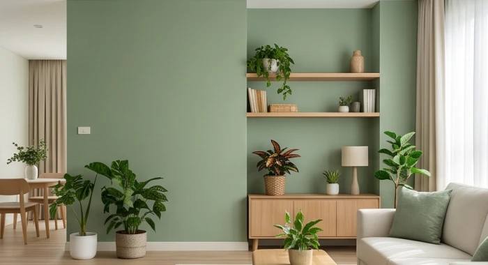 Không gian nội thất phòng khách với tường màu xanh rêu nhạt minh họa quy luật tương sinh ngũ hành phong thủy