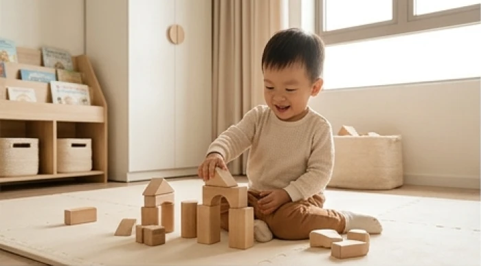 Bé trai tuổi quý mão 2023 đang vui vẻ chơi đùa cùng các khối gỗ tự nhiên trong không gian phòng ngủ an toàn thoáng đãng