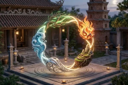 Sơ đồ vòng tròn biểu diễn sự luân chuyển của ngũ hành tương sinh tương khắc trong phong thủy không gian sống