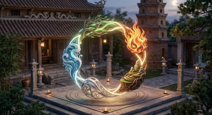 Sơ đồ vòng tròn biểu diễn sự luân chuyển của ngũ hành tương sinh tương khắc trong phong thủy không gian sống