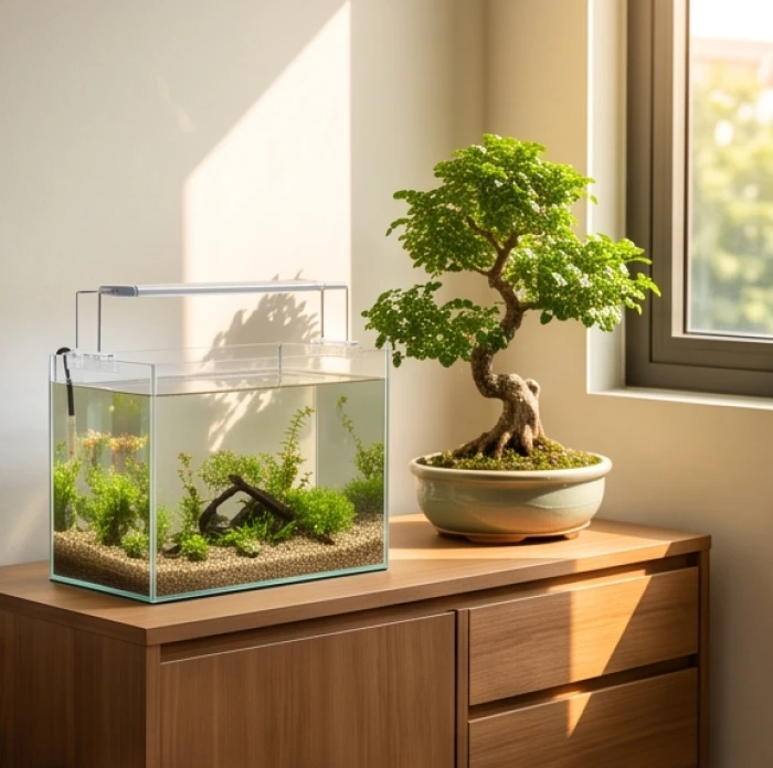 Bể cá nhỏ đặt cạnh chậu cây xanh tươi mát trong phòng khách thể hiện nguyên lý Thủy sinh Mộc trong phong thủy