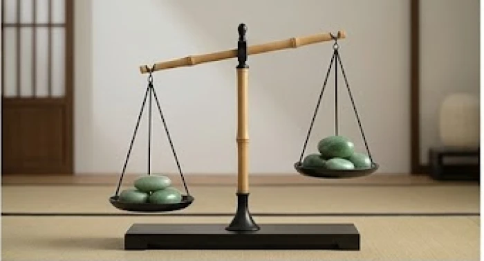 Mô hình ngũ hành bằng đá ngọc bích bị đặt lệch cán cân thể hiện sự mất cân bằng năng lượng cốt lõi