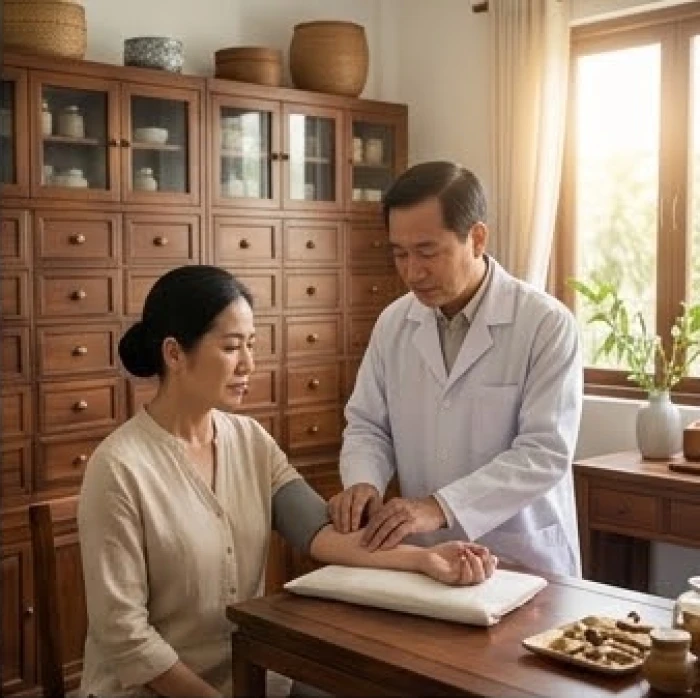Thầy thuốc đông y đang bắt mạch và xem xét tình trạng khí huyết cho bệnh nhân dựa trên nền tảng ngũ hành
