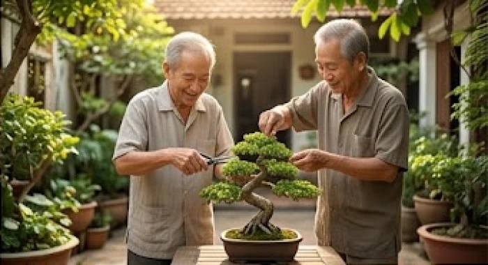 Người đàn ông lớn tuổi thảnh thơi cắt tỉa cây cảnh bonsai trong sân vườn đầy nắng
