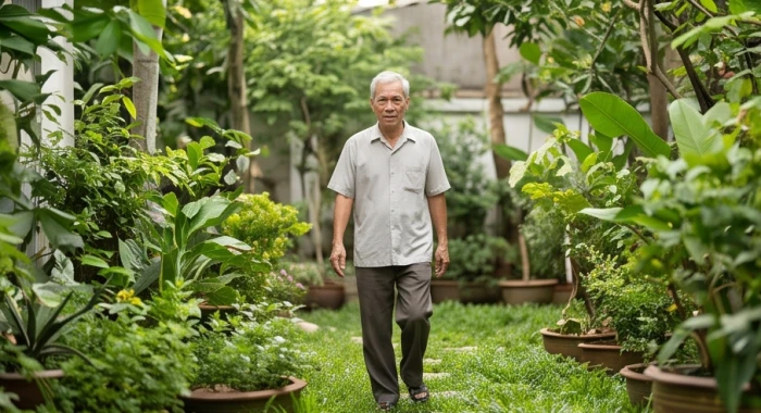 Cụ ông bước đi chậm rãi thư giãn trong khu vườn xanh mát cách xa khu vực công trường ồn ào và bụi bặm