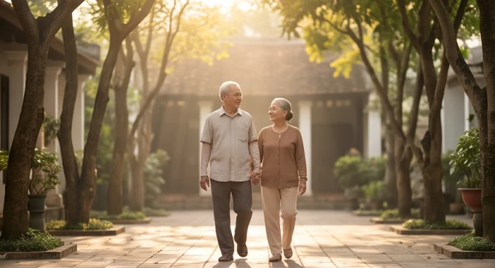 Cụ ông và cụ bà Bính Tuất đi bộ bách bộ thư thái đón cát khí trong buổi sáng mùng một Tết