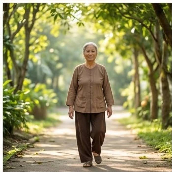 Bà cụ mặc trang phục thoải mái đang đi bộ dọc theo con đường rợp bóng cây dưới ánh nắng dịu nhẹ