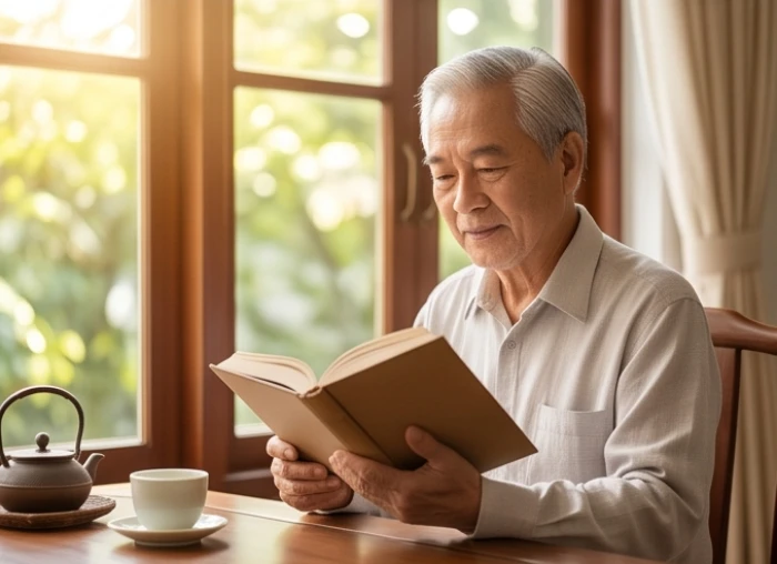 Người đàn ông cao tuổi ngồi thoải mái đọc sách bên cửa sổ phòng trà yên tĩnh tràn ngập ánh sáng tự nhiên