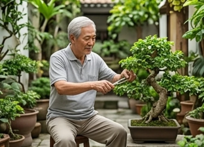 Người đàn ông lớn tuổi đang cẩn thận chăm sóc những chậu cây bonsai xanh tốt trong khu vườn nhỏ tĩnh lặng