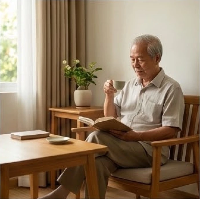 Gia chủ lớn tuổi tuổi mậu tuất 1958 đang uống trà và đọc sách thư giãn tại một góc phòng yên tĩnh