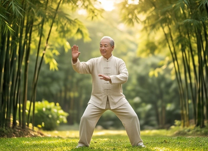 Người đàn ông cao tuổi thực hiện các động tác dưỡng sinh nhẹ nhàng trong sân vườn yên tĩnh buổi sáng sớm