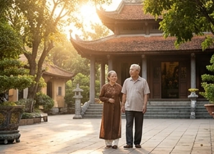Hai ông bà cụ mặc áo tràng đang thong thả dạo bước vãn cảnh trong khuôn viên thanh tịnh của ngôi chùa