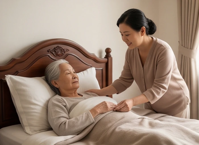 Người phụ nữ chu đáo đắp chăn và chăm sóc giấc ngủ cho cụ bà trong không gian tĩnh lặng