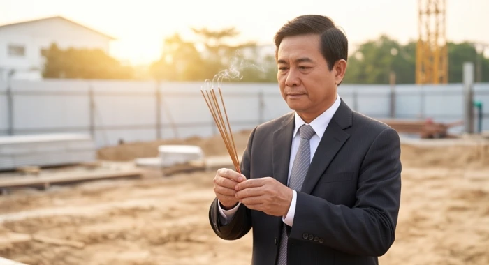 Người nam giới trung niên hợp tuổi dâng hương thực hiện nghi lễ động thổ xây nhà thay cho gia chủ lớn tuổi