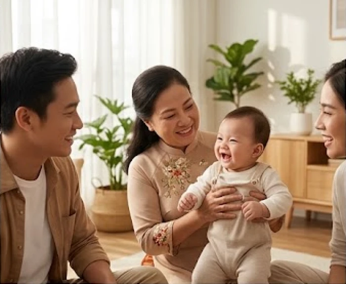 Buổi sum họp gia đình êm đềm khi người thân hợp mệnh ôm ấp và vui đùa cùng bé Quý Mão trong phòng khách