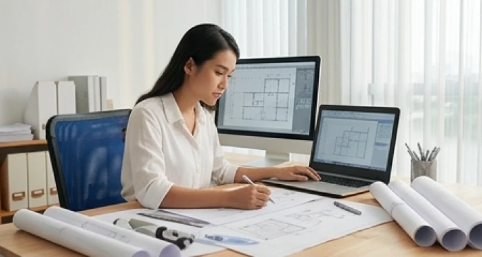 Chuyên gia trẻ tự tin nghiên cứu tài liệu và lên kế hoạch dự án độc lập tại không gian làm việc hiện đại