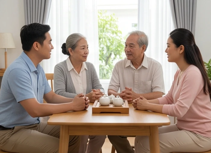Ông bà cao tuổi Bạch Lạp Kim 1941 ngồi trò chuyện từ tốn cùng các con trong không gian phòng khách ấm áp