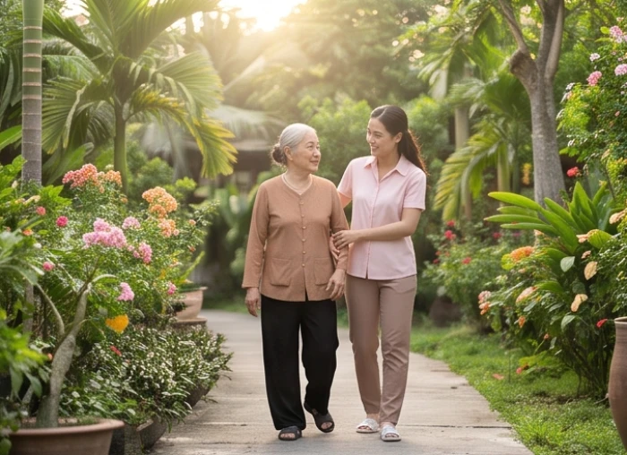 Người thân hỗ trợ người cao tuổi đi dạo nhẹ nhàng trong khuôn viên nhà để tránh vấp ngã tại các khu vực trơn trượt