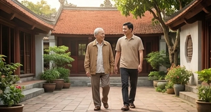 Cụ ông đội nón thong thả tản bộ cùng người cháu trai trên khoảng sân gạch truyền thống mát mẻ và thanh bình