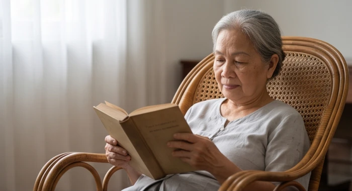 Cụ bà thảnh thơi nằm nghỉ ngơi đọc sách trên ghế mây trong không gian tĩnh lặng để hồi phục sinh khí